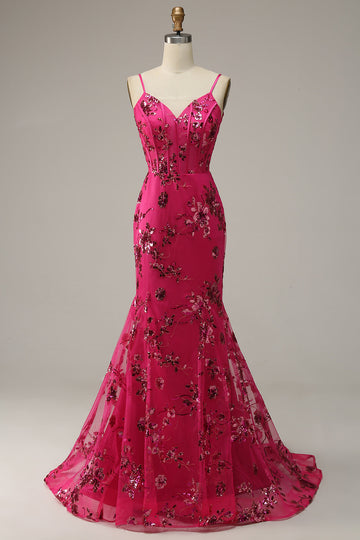 Hot Pink Sequins Print Mermaid Formal Dress